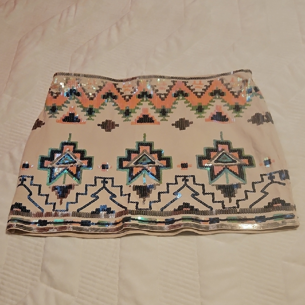Sequin EXPRESS Embellished Beige Mini Skirt